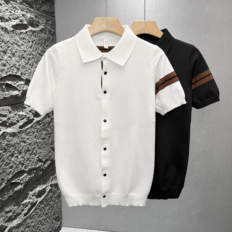 T-shirt d'été décontracté et polyvalent à col polo en maille, manches courtes, style mature, léger, en soie fraîche, pour étudiants