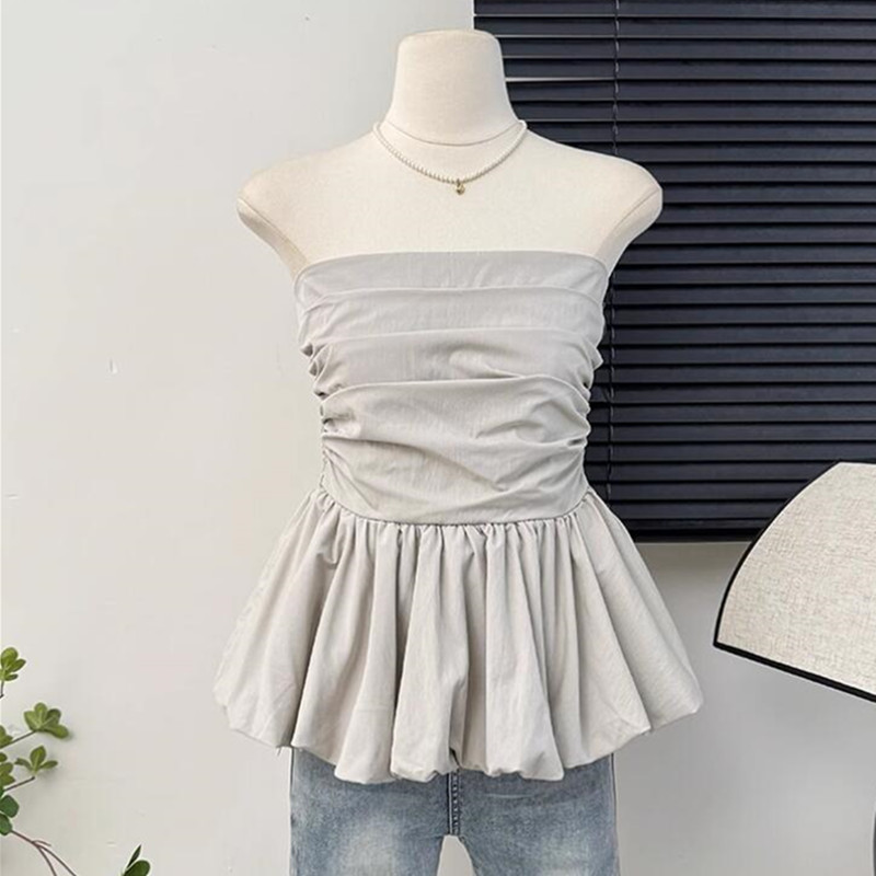 Femmes Camisole sans manches blanc noir gilet débardeurs volants dos nu culture hauts mince Sexy plissé épaules nues vêtements d'été