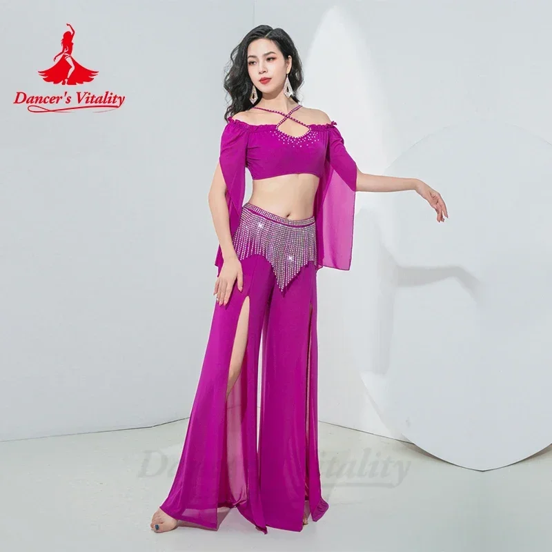 Costume de danse du ventre pour femmes, haut à manches longues + pantalon à pampilles avec pierres AB, vêtements de pratique orientale, tenue de danse du ventre pour adultes