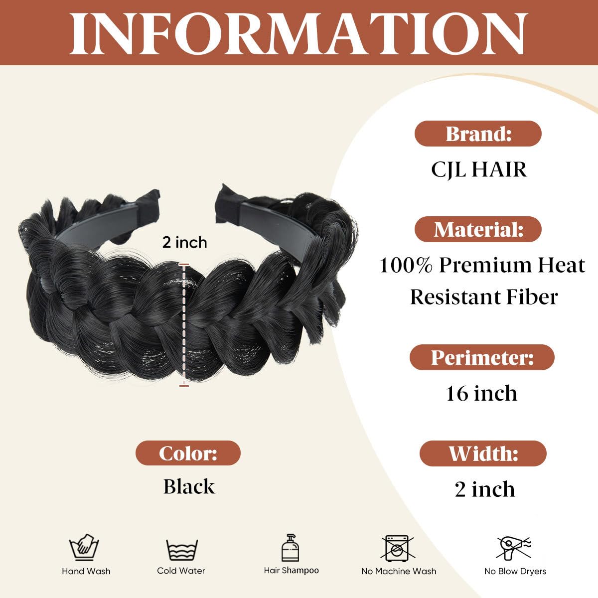Serre-têtes larges tressés en cheveux synthétiques, avec dents, faits à la main, accessoires pour cheveux, noir, 1 pièce