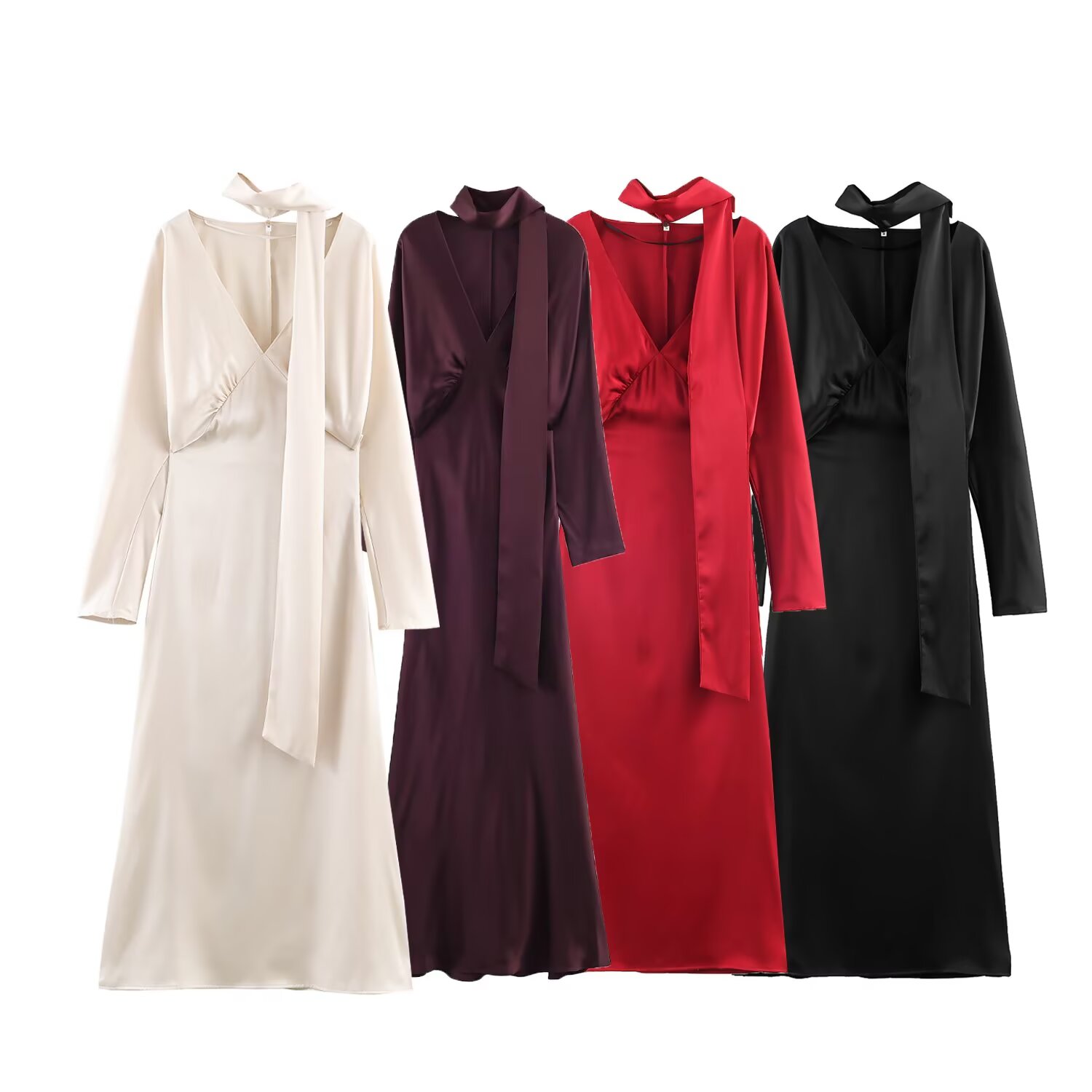 2025 nouvelles femmes mode Satin col en V robe robes longues avec écharpe Chic robes élégantes femmes à manches longues tenue décontractée