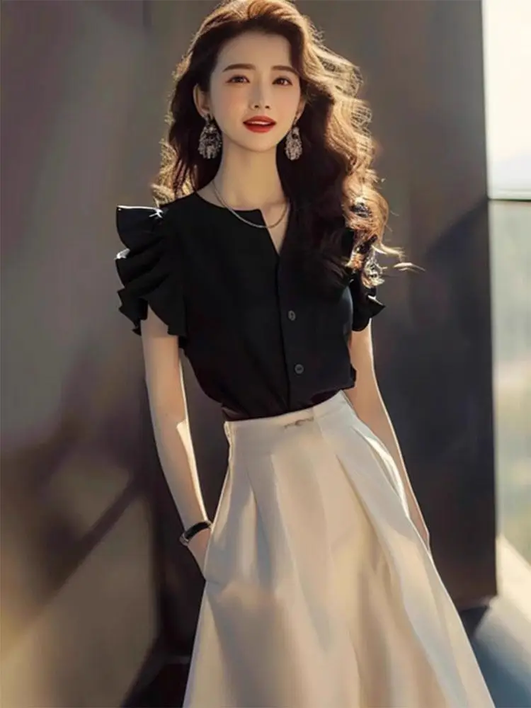 Tenue de plage en mousseline de soie pour femmes, jupe à manches longues, ensemble 2 pièces noir, élégant, décontracté, élégant, vêtements Y2k, Chic, nouvelle collection assortie