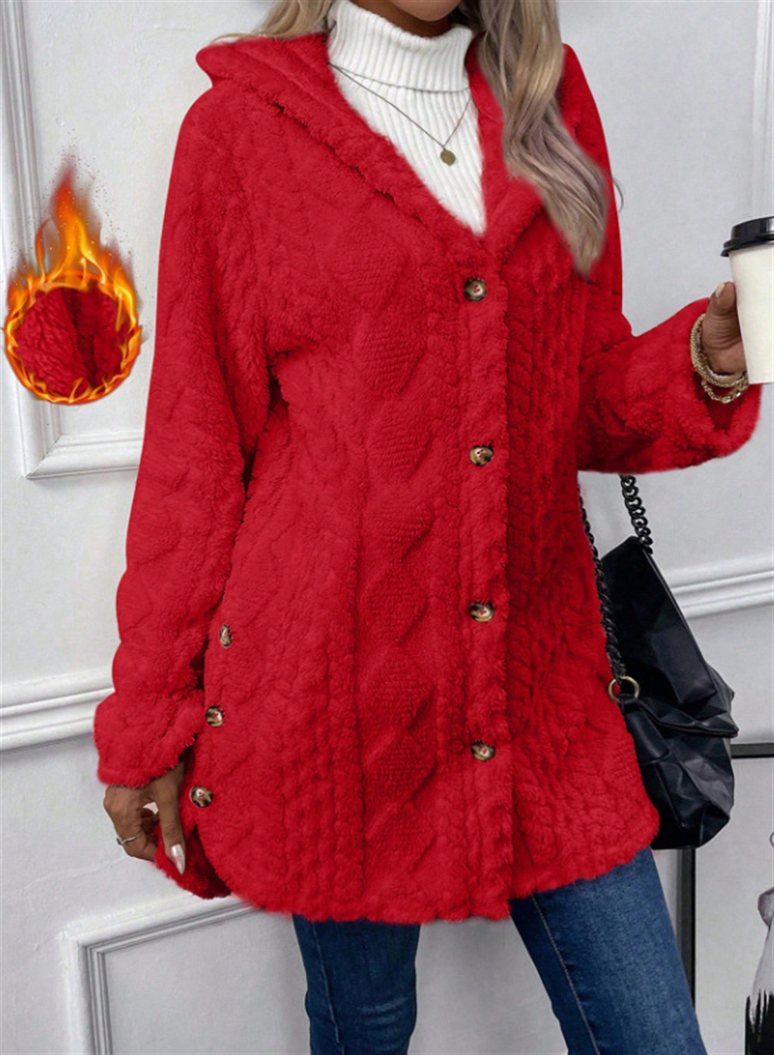 Femmes Cardigan veste à capuche automne hiver Argyle motif texturé à capuche ourlet irrégulier boutons polaire surdimensionné manteau d'extérieur