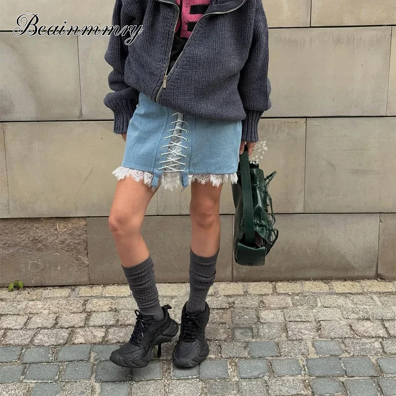 Nouvelle Collection : Mini-jupe en jean pour femme avec dentelle, sexy et décontractée, polyvalente pour le quotidien, tenue de soirée ou rendez-vous galant