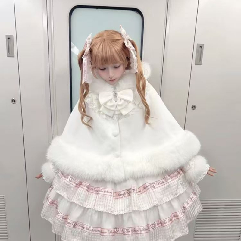 Ponchos à volants et nœuds japonais pour femmes, style Lolita, doux et kawaii, capes, manteaux vintage, vêtements d'extérieur chauds et confortables pour l'automne et l'hiver.