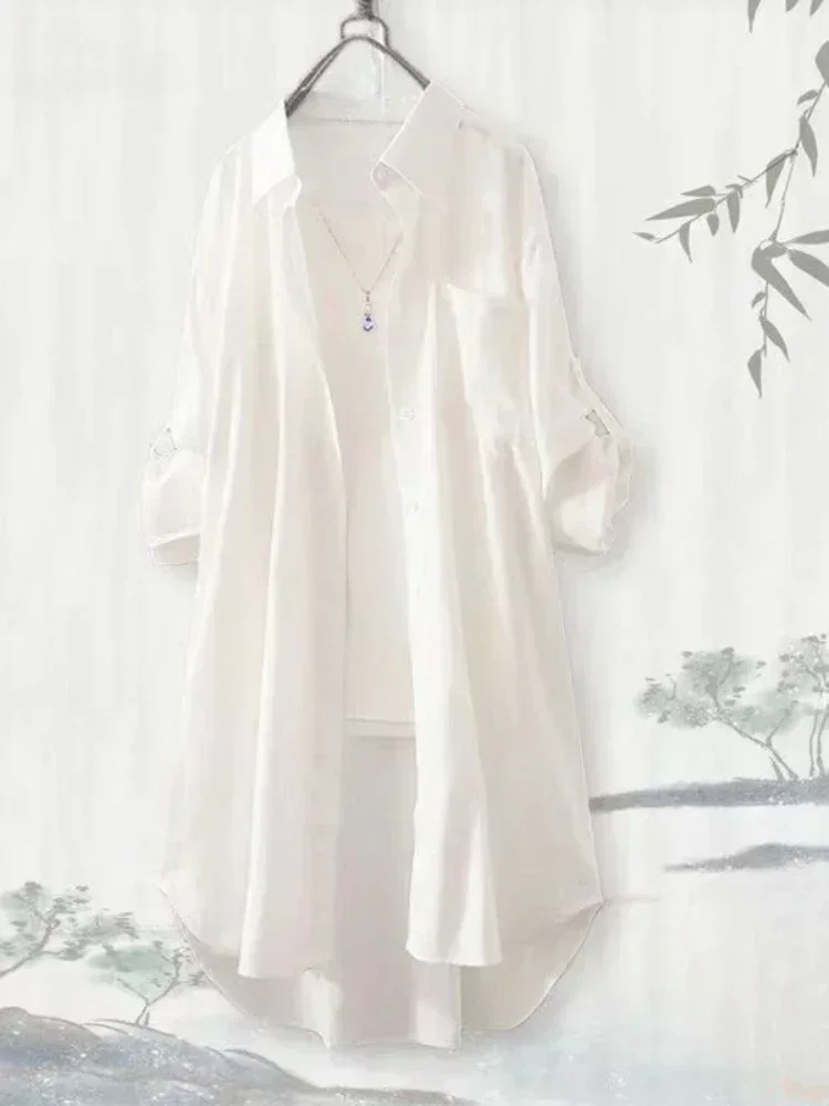 Grande taille femmes Simple à manches longues Blouse Chic Style coréen coupe ample respirant chemise décontracté automne couleur unie Midi tunique hauts