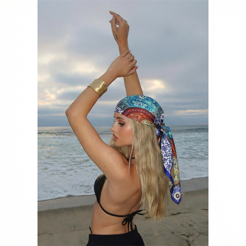 Foulard carré en satin de soie pour femme, 90x90cm, printemps-été, écharpe de plage, bandana, bandeau pour cheveux