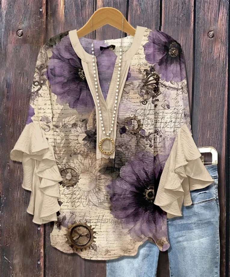 Chemisier fleuri pour femme, col en V, manches à volants, haut élégant à motif graphique, coupe décontractée, imprimé 3D, collection été 2026, vêtements pour femme