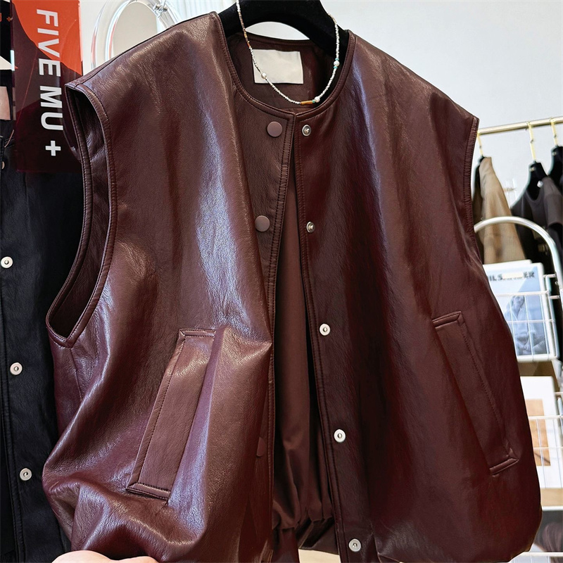 Gilet en cuir pour femmes, nouveau rétro décontracté, simple boutonnage, col rond, ample, avancé, nouvelle mode, gilet sans manches, manteau court