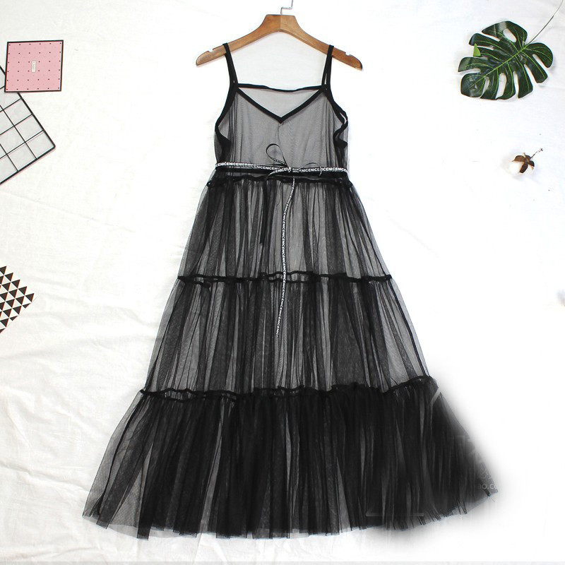 Robe féerique d'été pour femme à col en V, transparente en maille, à fines bretelles, avec ceinture à nœud, en dentelle et maille, style cache-cœur, robe nuisette, tenue d'extérieur