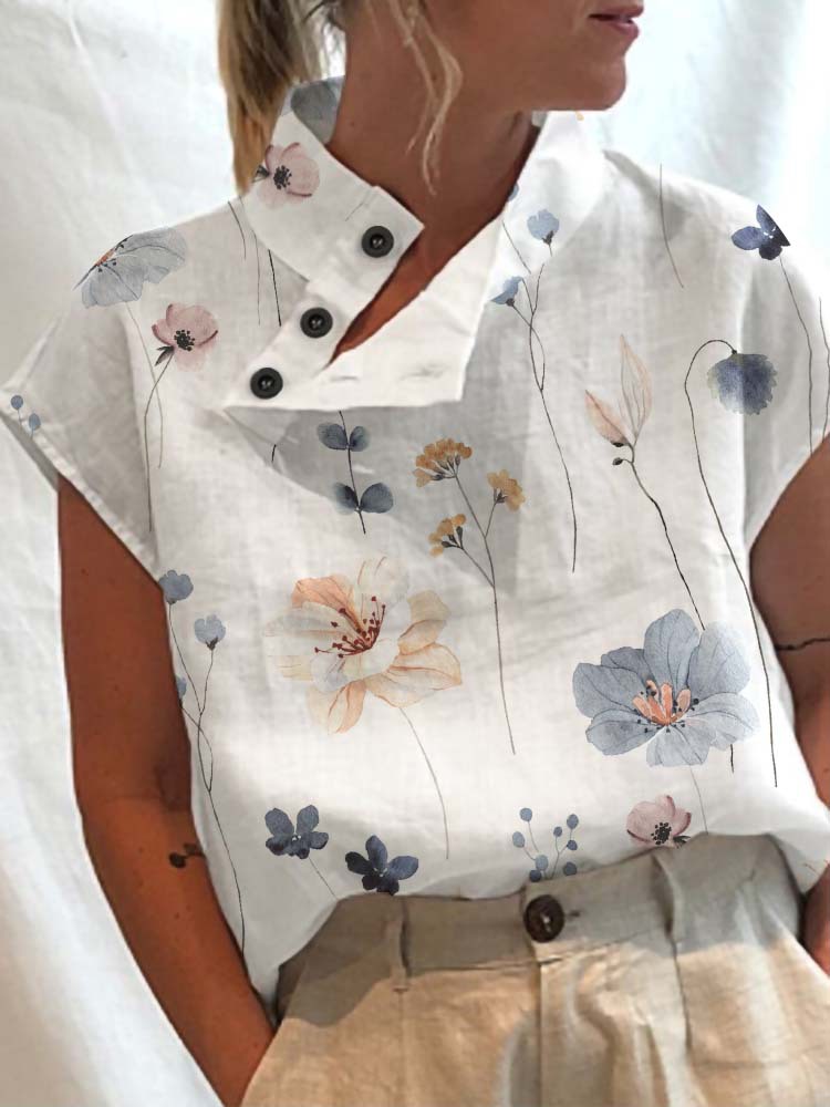 Été Chic Blouse haut pour femme mode imprimé fleuri à manches courtes chemise femme boutons décontractés col montant haut ample Blusas