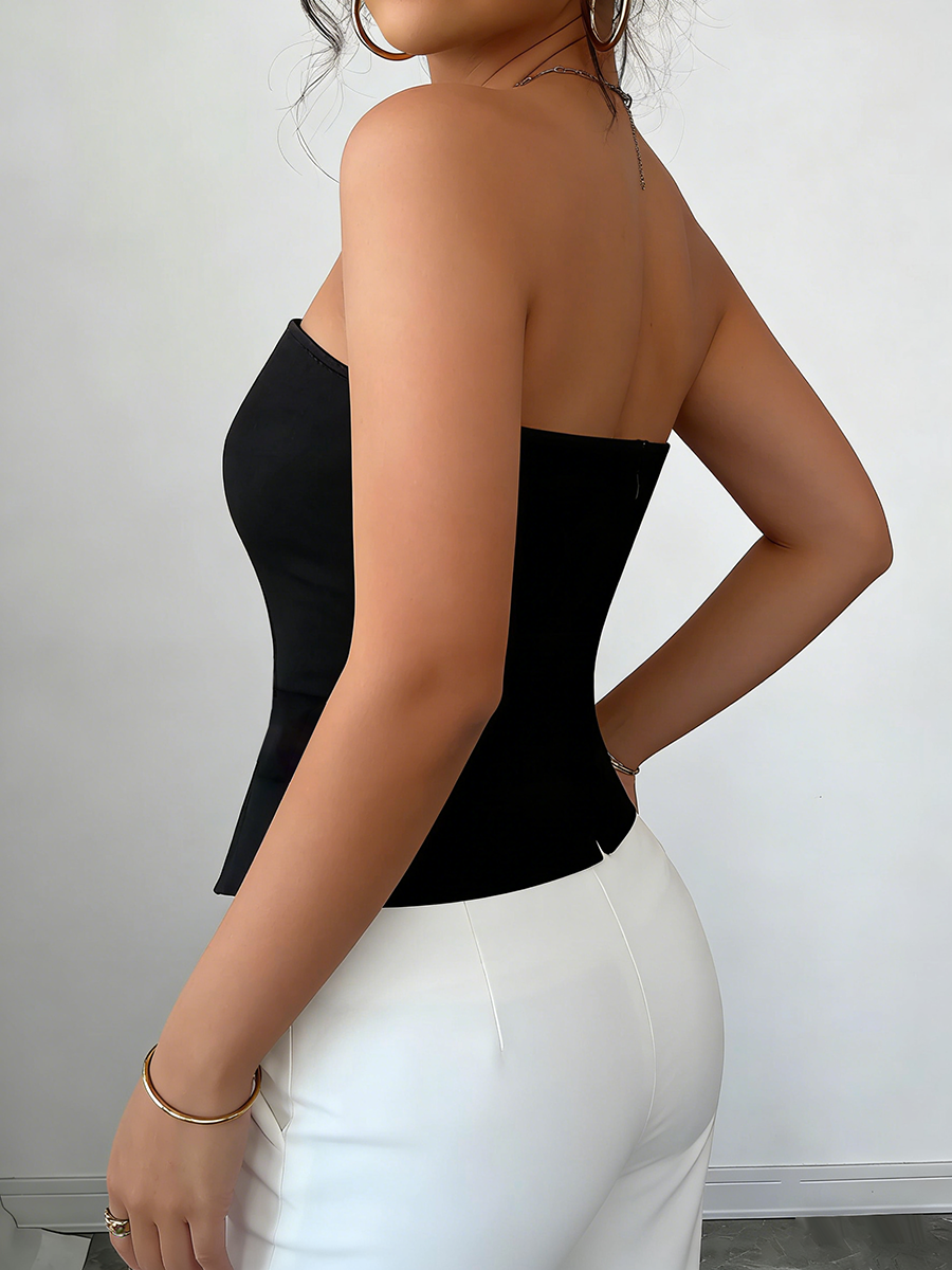 Haut corset pour femme sans bretelles, avec détails boutonnés, ourlet asymétrique, coupe ajustée et lisse, sexy, chic, extensible, pour le printemps, l'été et les soirées