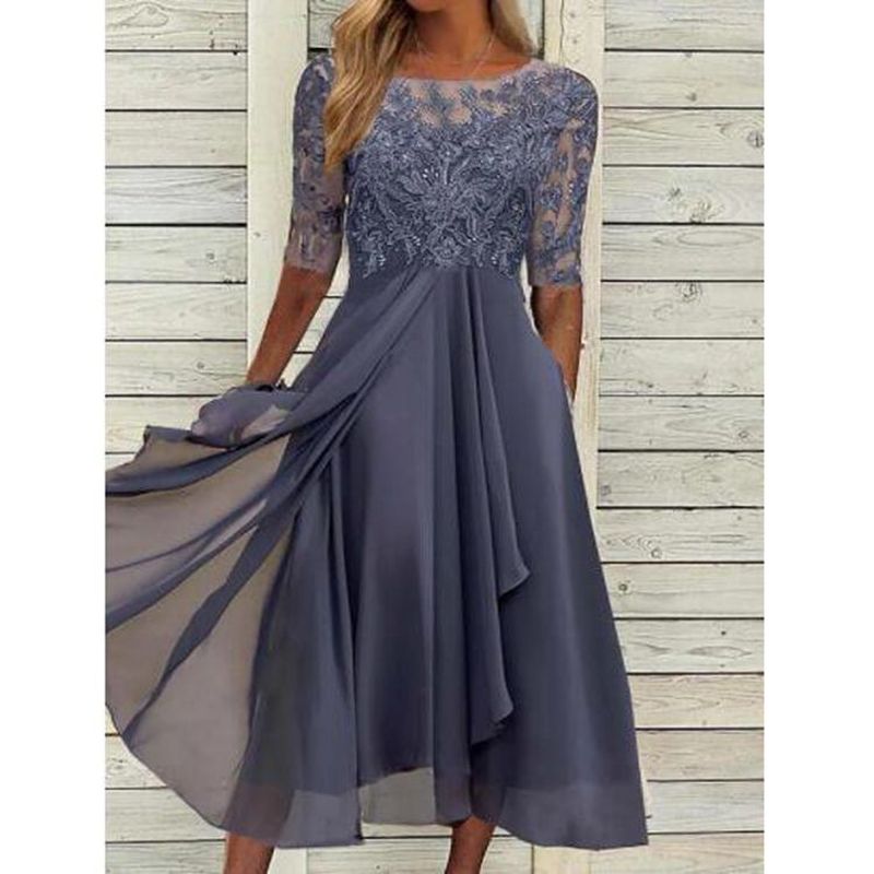 Robe longue en mousseline de soie pour femme 2026 avec empiècements en dentelle et découpes, idéale pour demoiselle d'honneur, soirée ou cérémonie