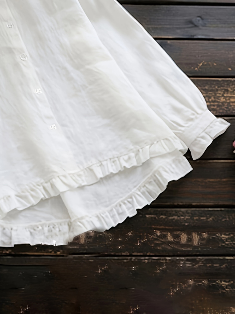 Chemisier blanc élégant à volants pour femmes, chemise à manches longues boutonnée, hauts amples décontractés vintage, vêtements décontractés pour femmes printemps automne