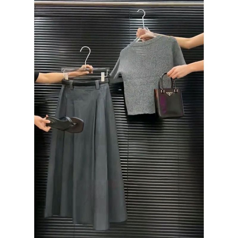 Jupe longue plissée à manches courtes pour femmes, mode coréenne, vêtements d'été, col carré, haut slim, ligne A, ensemble deux pièces
