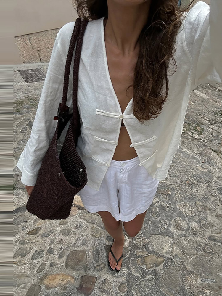 Chemisier Chic en Lin et Coton à Manches Longues pour Femme, Col en V, Boutonnage Simple, Collection Printemps-Été 2026, Idéal pour les Vacances et la Plage