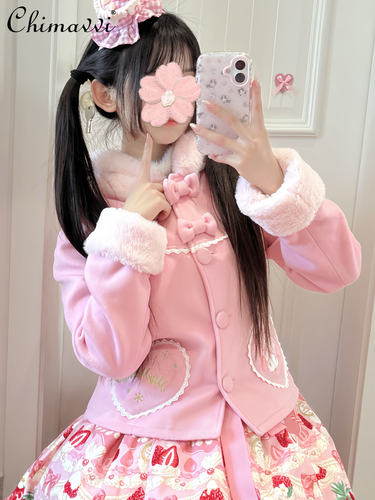 Manteau en peluche rose de Style japonais pour femme, mignon, doux, avec nœud papillon, oreilles de lapin, à capuche, court, en laine épaisse, automne et hiver