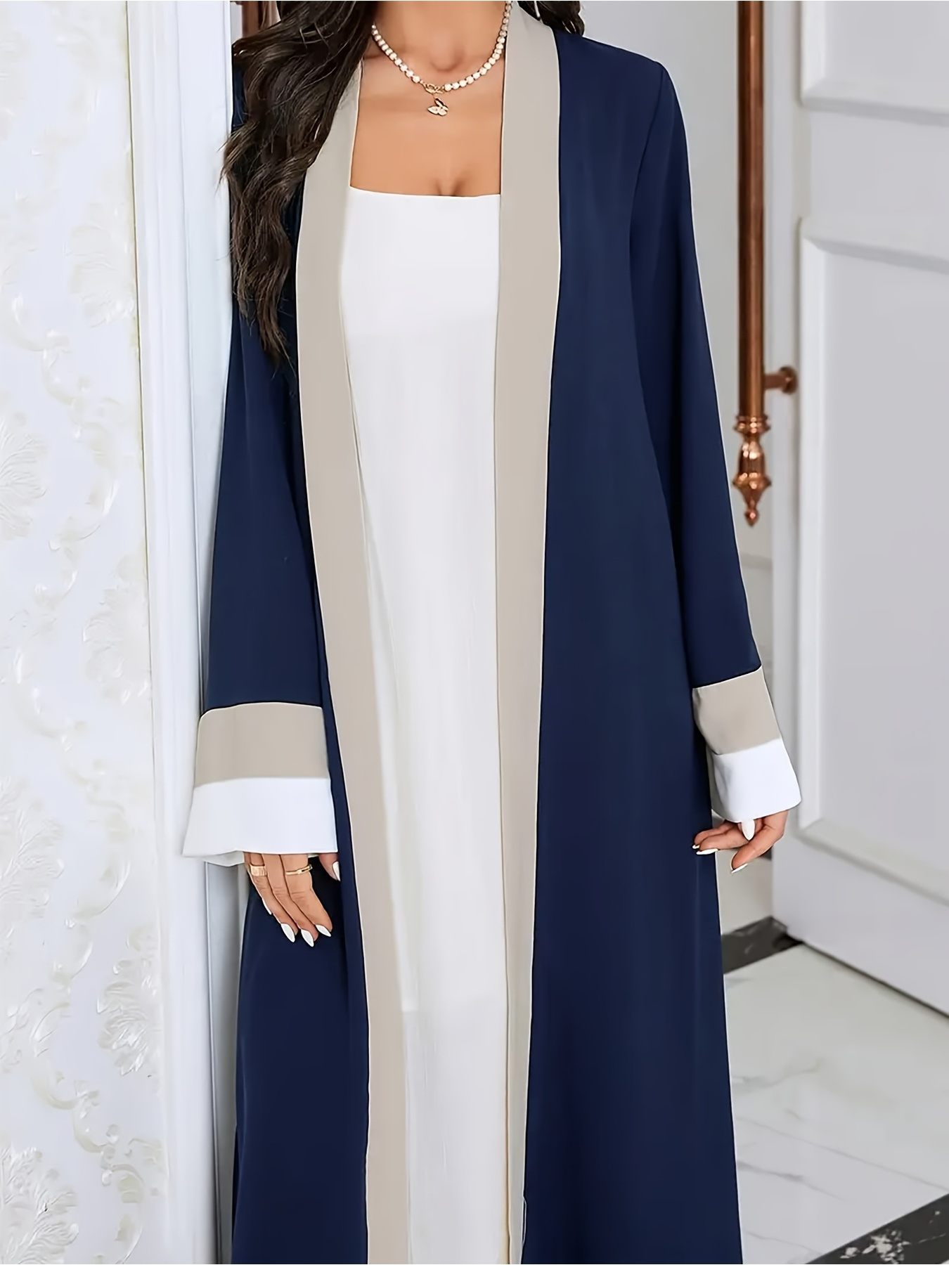 Robe longue décontractée et élégante pour femme, col ouvert, manches longues, color-block, coupe ajustée, extra-longue, tendance, pour femmes musulmanes
