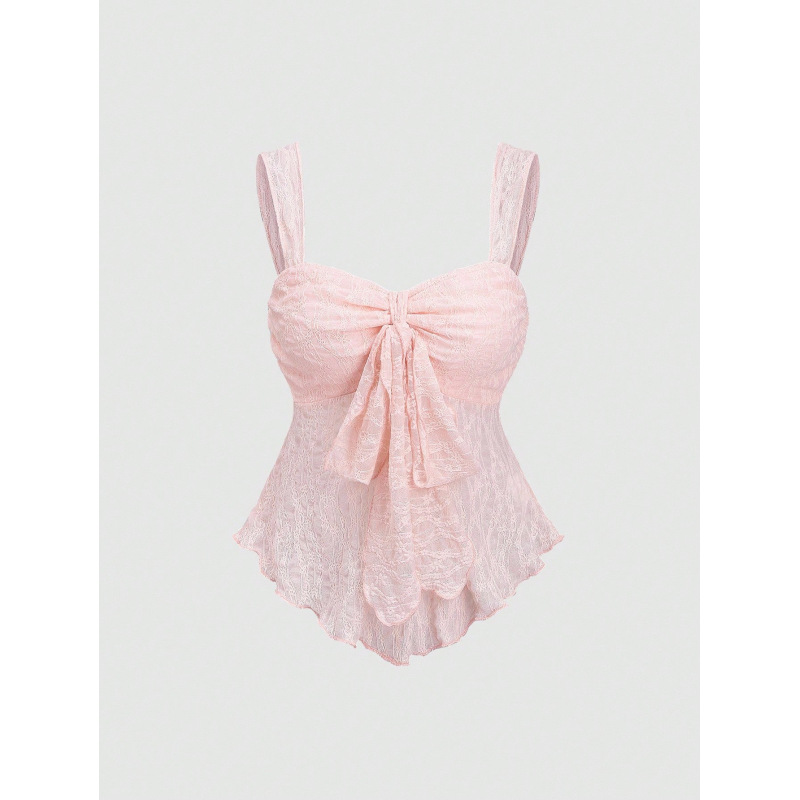 Camisole courte française pour femme, douce et pure, en tissu jacquard uni avec ornements en dentelle et nœud, taille cintrée, polyvalente et sans manches.