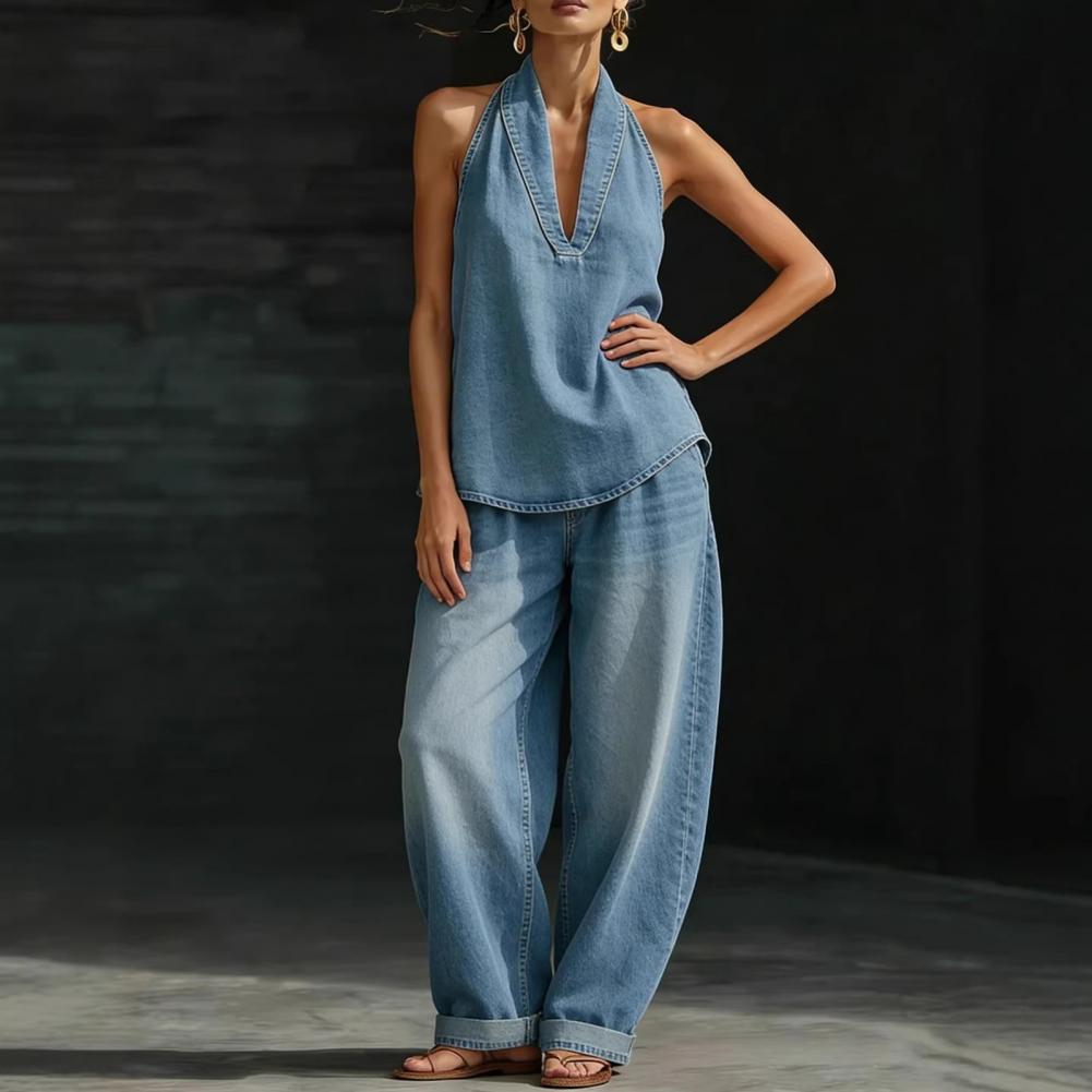 Ensemble en jean sans manches pour femme – Haut dos nu et pantalon large – Tenue d'été deux pièces