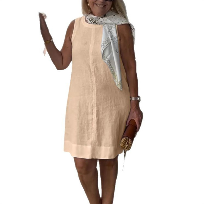 Femmes confortable coton lin couleur unie robes élégant col rond robe été décontracté banlieue taille haute sans manches robe 2025
