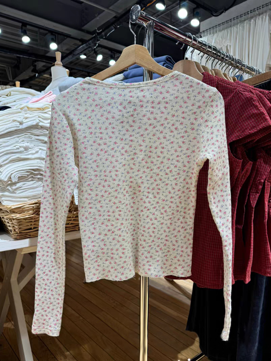 T-Shirt à manches longues pour femme, motif gaufré rose, boutons de printemps, col rond, en coton, Slim, doux et mignon, Style Preppy, Y2k