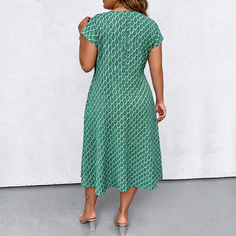 Robe mi-longue à col en v pour femmes, grande taille, manches courtes, imprimé boutonné, robe décontractée d'été avec poches pour les vacances