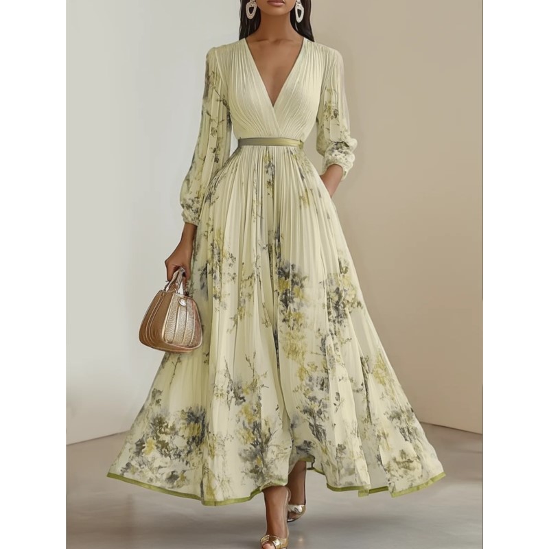Robes longues plissées à imprimé floral pour femmes, style bohème, sexy, col en V profond, manches longues, drapées, décontractées, pour les vacances et les fêtes
