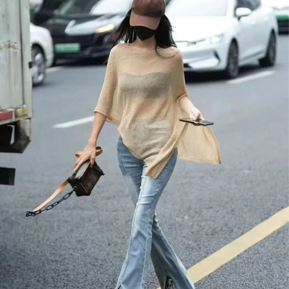 Châle cape ample irrégulier pour femme, en soie glacée tricotée, fin, léger, protection solaire, style pull, idéal comme cadeau