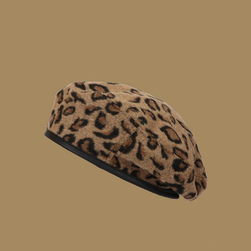 Béret pour femme, imprimé léopard, polyvalent, style rétro japonais, ajustable avec cordon de serrage, chapeau de peintre, automne-hiver, chapeau de style britannique, chapeau citrouille.