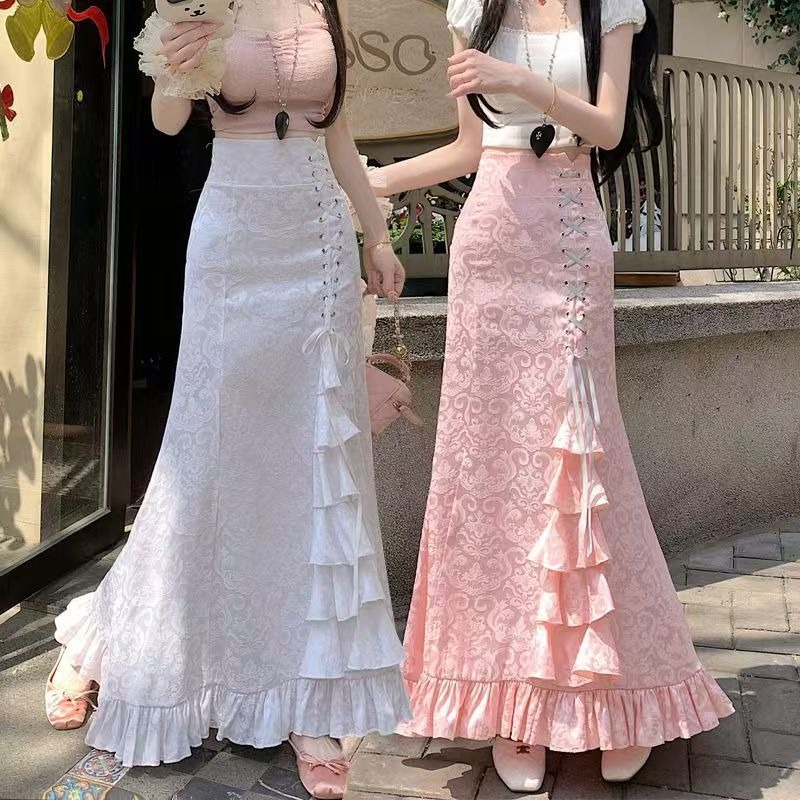 Femmes jupe Midi printemps été coupe ajustée taille haute jupe longue Vintage à lacets volants rose gothique mode coréenne jupe vêtements