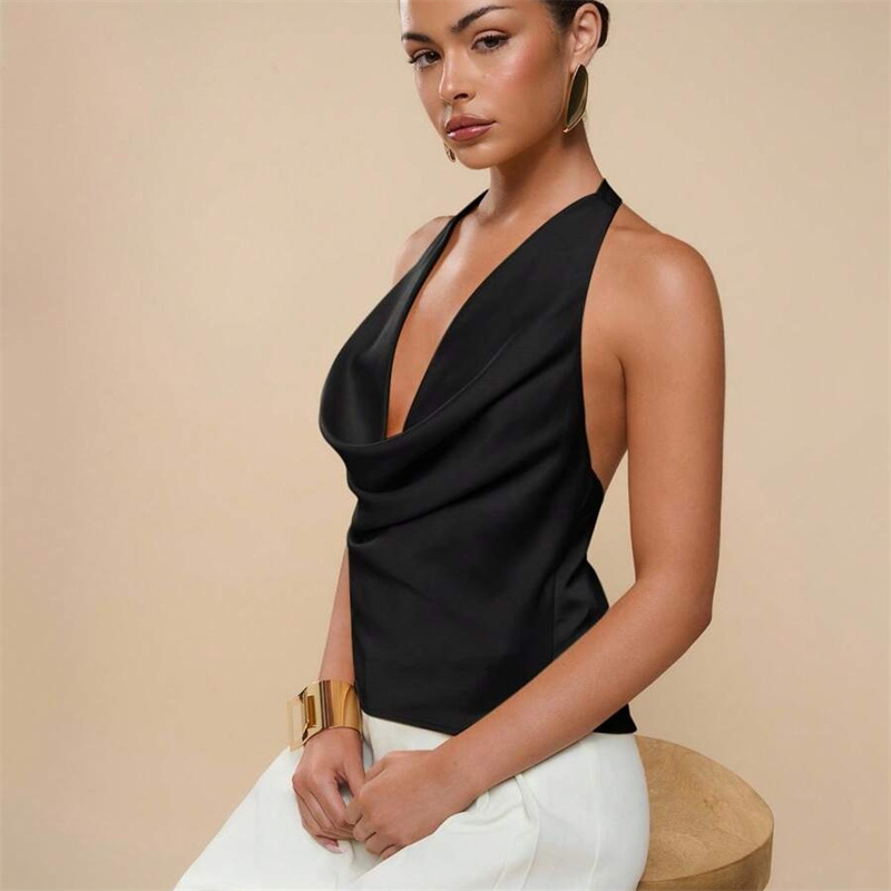 Haut court à col bénitier pour femme, en satin, style débardeur halter, camisole d'été sans manches, élégant pour soirée