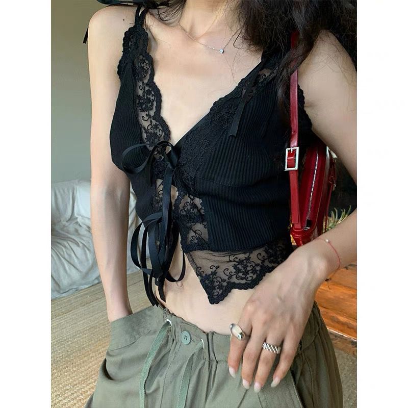 Mode coréenne été populaire épissé dentelle col en V à lacets Camisole Y2k esthétique haute rue été Punk débardeur Harajuku t-shirts