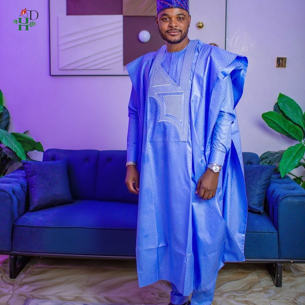 Vêtements africains broderie robe bleue grande taille pour hommes élégant fête de mariage Thobe 3 PC haut et pantalon costumes ensemble usage quotidien 2025