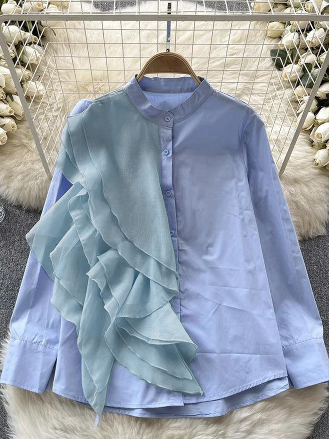 Chemise pour femme, couleur unie, boutonnée, avec volants, élégante, décontractée, tendance, pour tous les jours