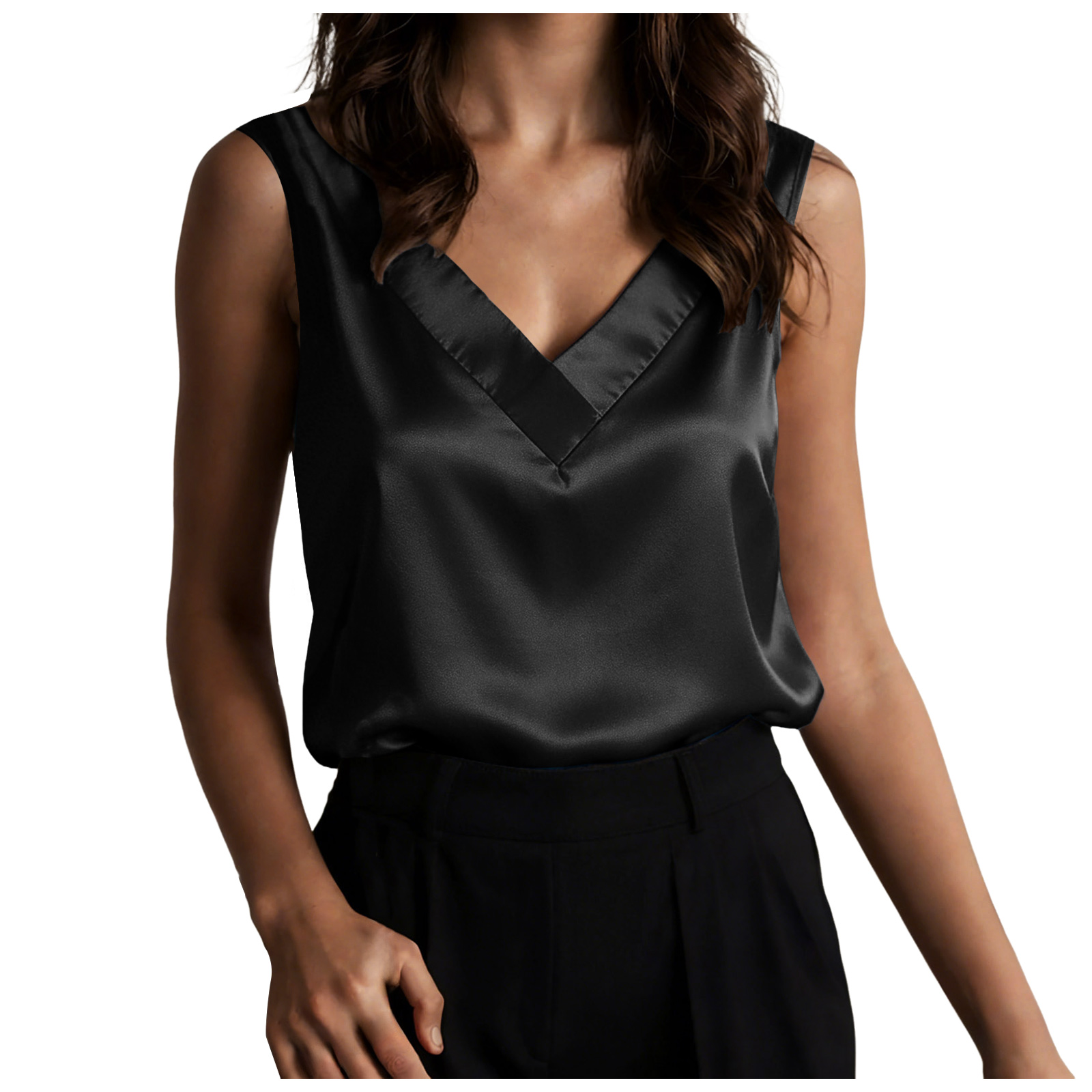 Chemisiers en satin de soie pour femmes, débardeurs décontractés à col en V, chemisiers sans manches pour le travail, chemisiers habillés d'été, tailles 2XL pour femmes