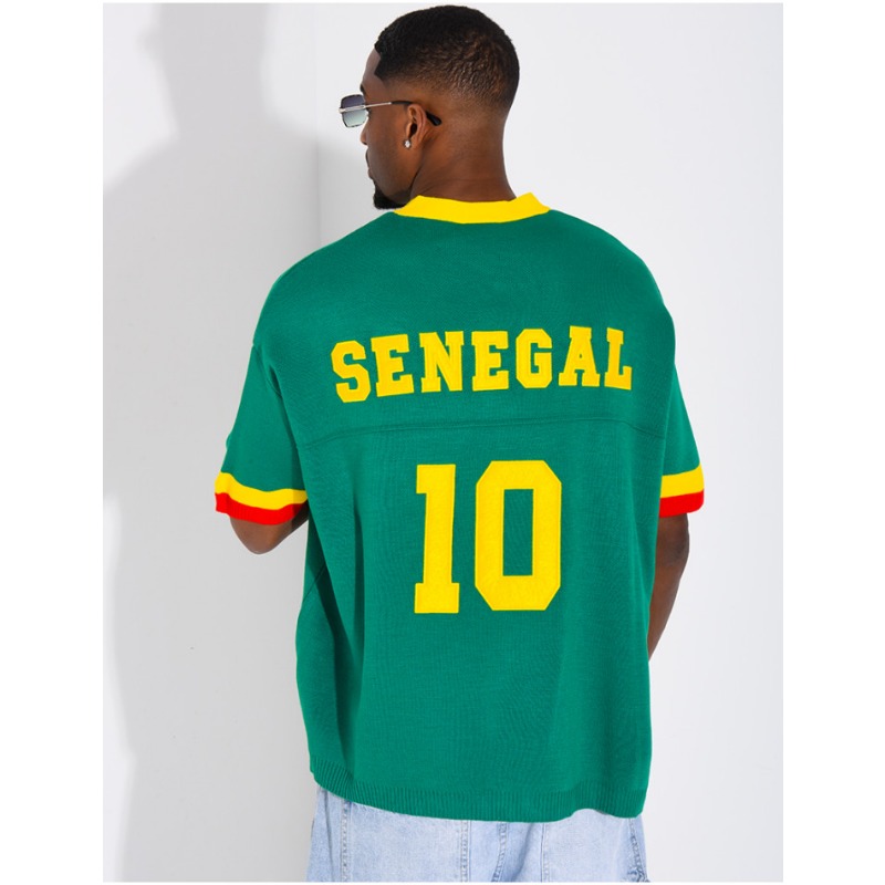 Nouveau T-shirt décontracté à manches courtes unisexe, thème Sénégal 2026, vert classique avec col jaune, coupe ample