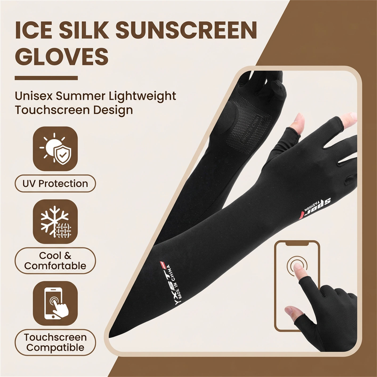 Manchons en soie glacée pour femmes et hommes, protection solaire estivale, respirants, antidérapants, à deux doigts, pour la pêche, le cyclisme, la conduite, chauffe-bras