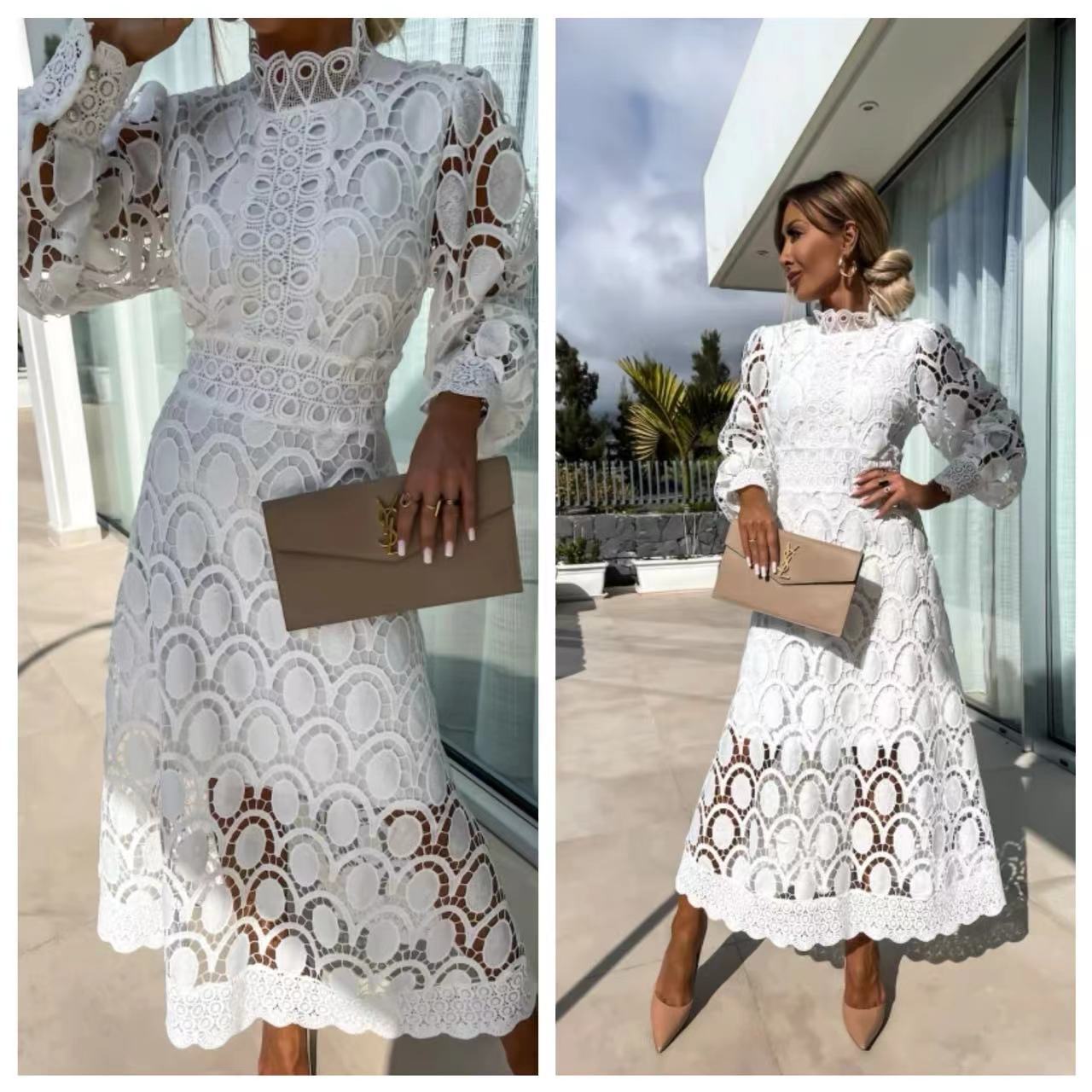 Robe mi-longue en dentelle française, col montant, manches bouffantes, élégante, moulante, pour femmes