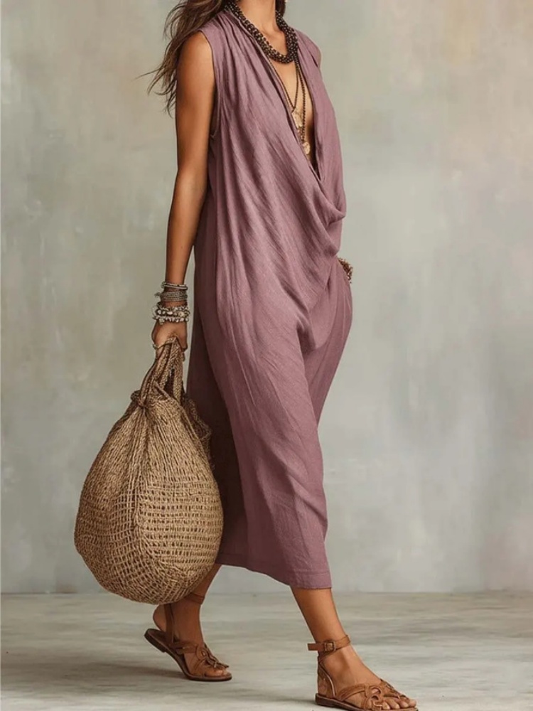 Robe longue élégante en coton et lin pour femme, col drapé ample, sans manches, avec poches, style décontracté pour l'été, la plage et les vacances