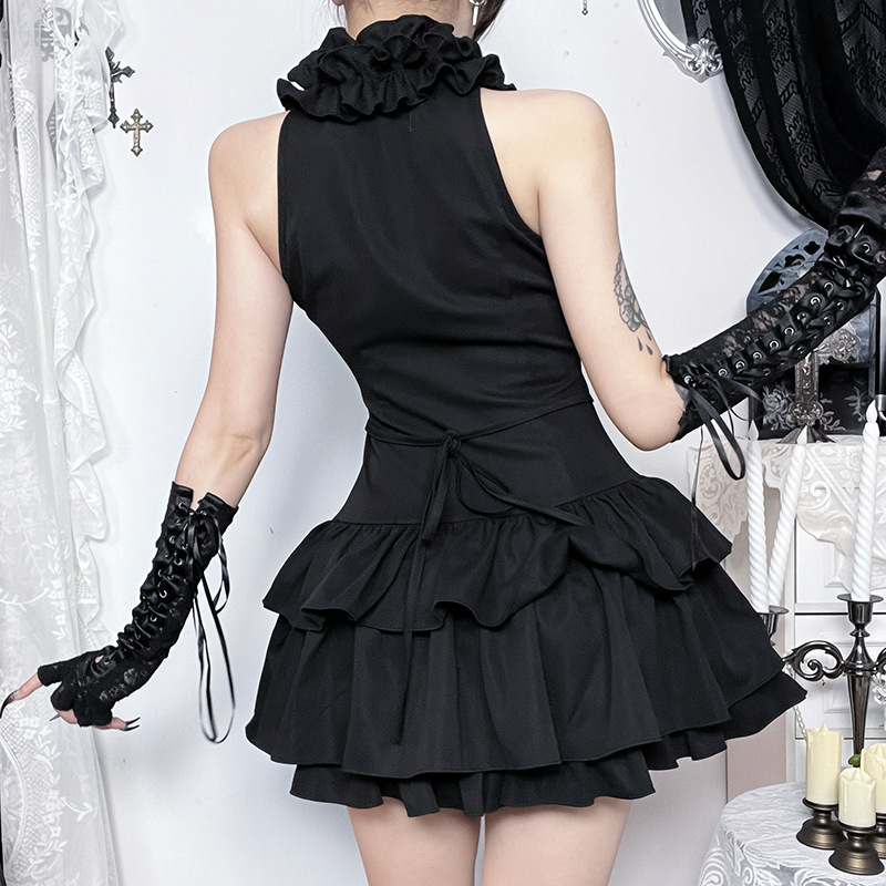 Robe pour femme de style gothique sombre avec taille à volants, jupe courte à volants superposés, en fibre de polyester, sans élasticité, coupe trapèze