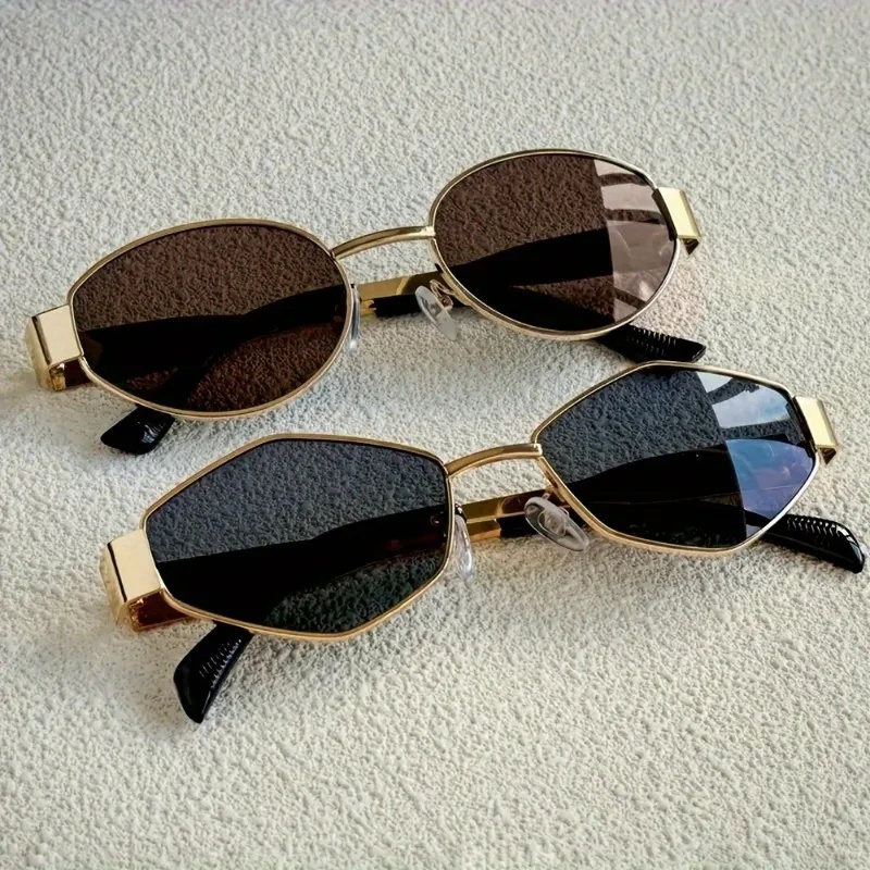 2 paires de lunettes d'été pour femmes, monture dorée rétro, design tendance, combinaison de montures polygonales et rondes