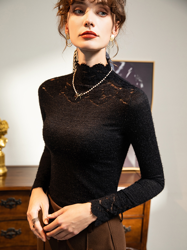 Chemise en dentelle pour femmes, nouvelle chemise de Base avec crochet, fleur creuse, épissage rétro, manches longues, haut ajusté, automne et hiver