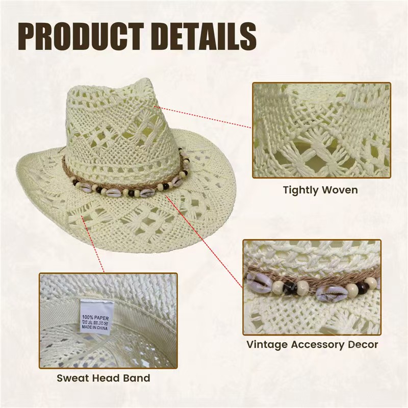 Chapeau de paille bohème d'été pour femmes et hommes, chapeaux de Cowboy de plage, perles en bois ajourées, chapeau de soleil occidental à large bord, casquette de vacances