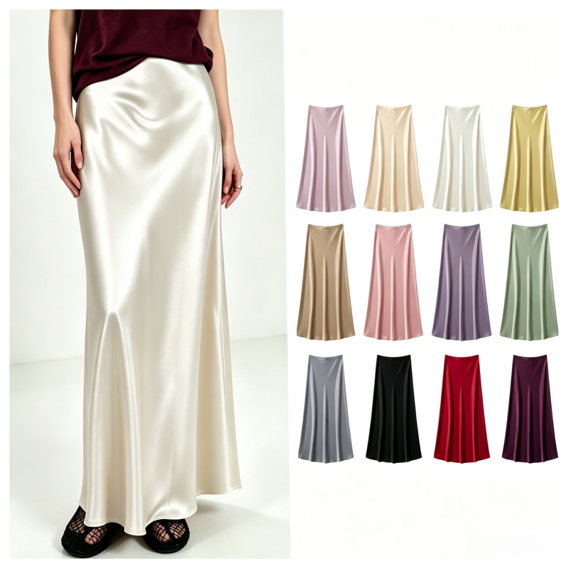 Jupe longue sirène KAROFI en satin effet soie de luxe pour femme, taille haute, fluide, élégante pour le bureau, les soirées et les fêtes, finition brillante SK442