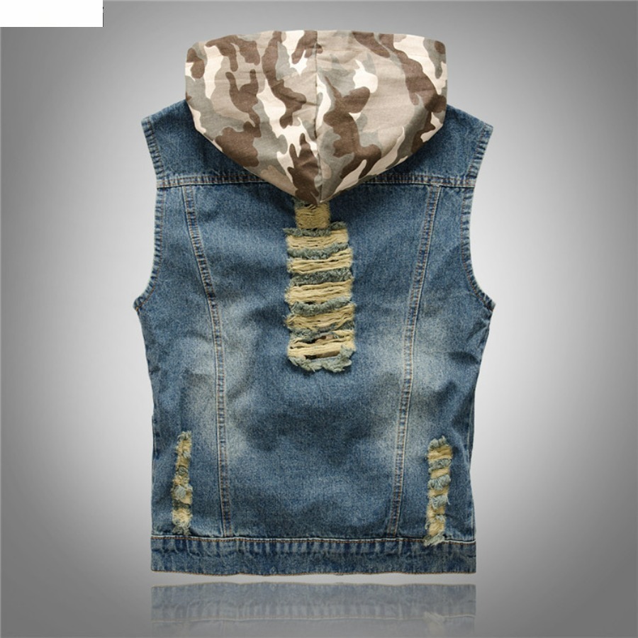 Nouveaux hommes Style coréen gilet mode mince Camouflage gilet à capuche Sport décontracté Denim gilet sans manches vestes pour hommes 5XL