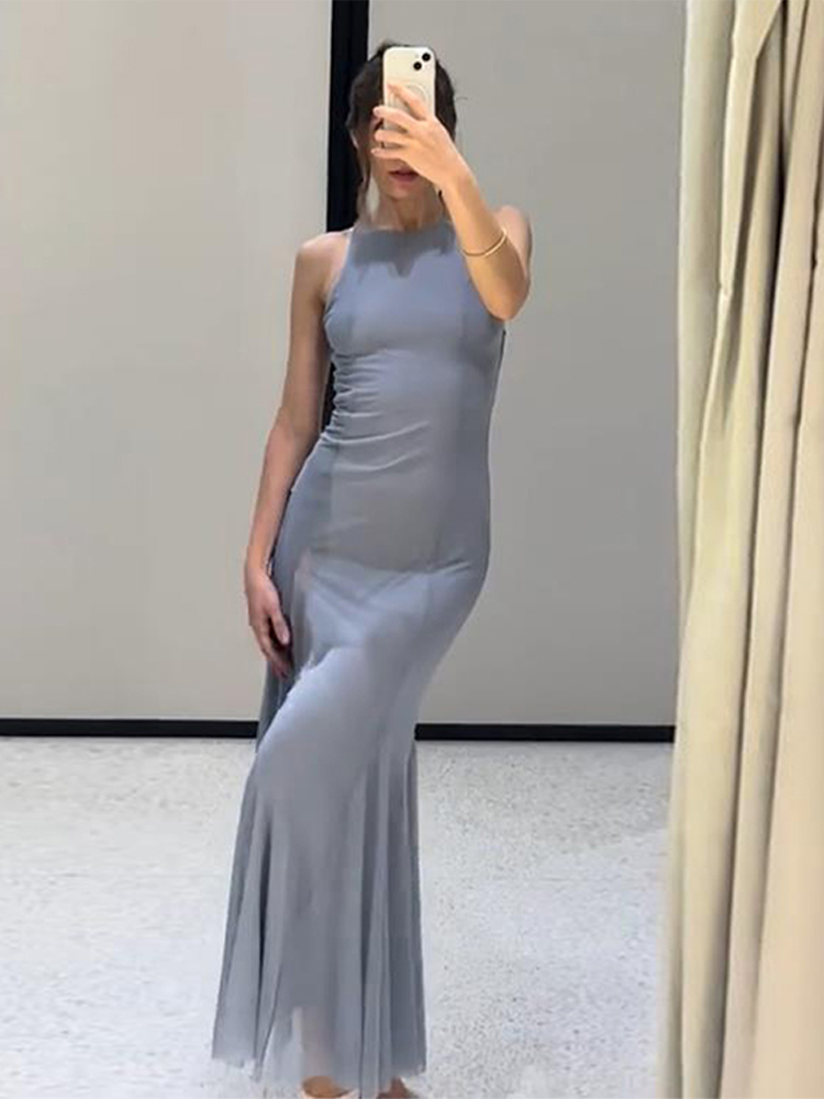 Robe ondulée en maille de soie, large, bleu clair, sans manches, col rond, coupe cintrée, Robes longues élégantes et Sexy, col licou