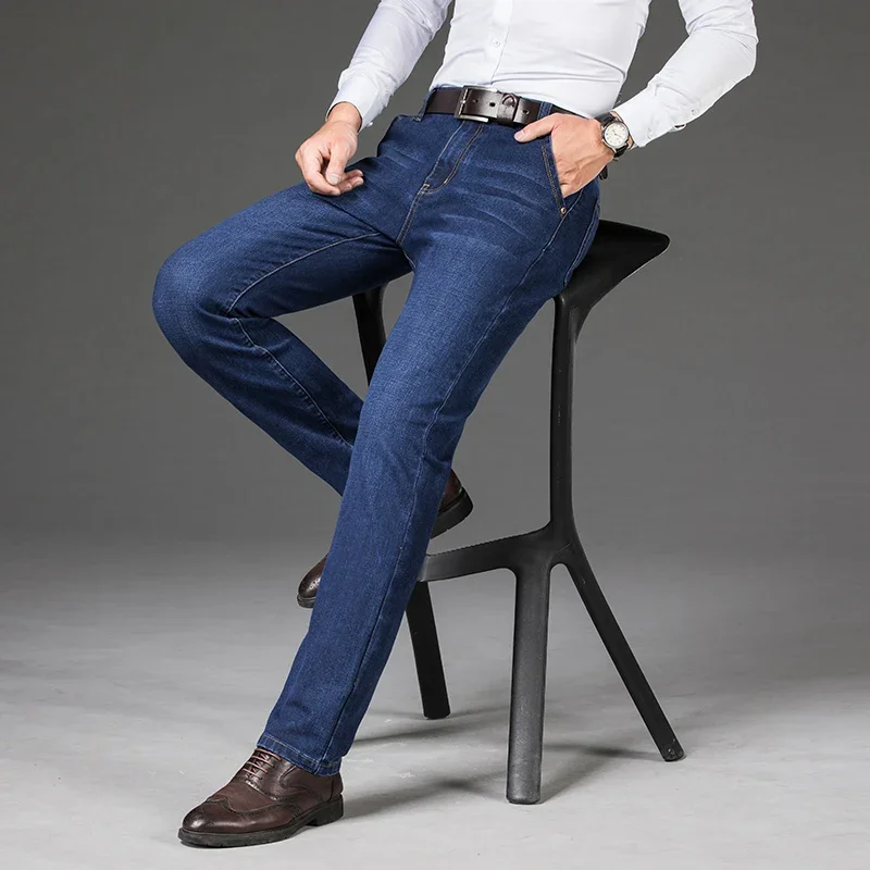 Grande taille 42 44 46 printemps automne hommes mode jean décontracté noir bleu classique affaires droite élasticité marque Denim pantalon