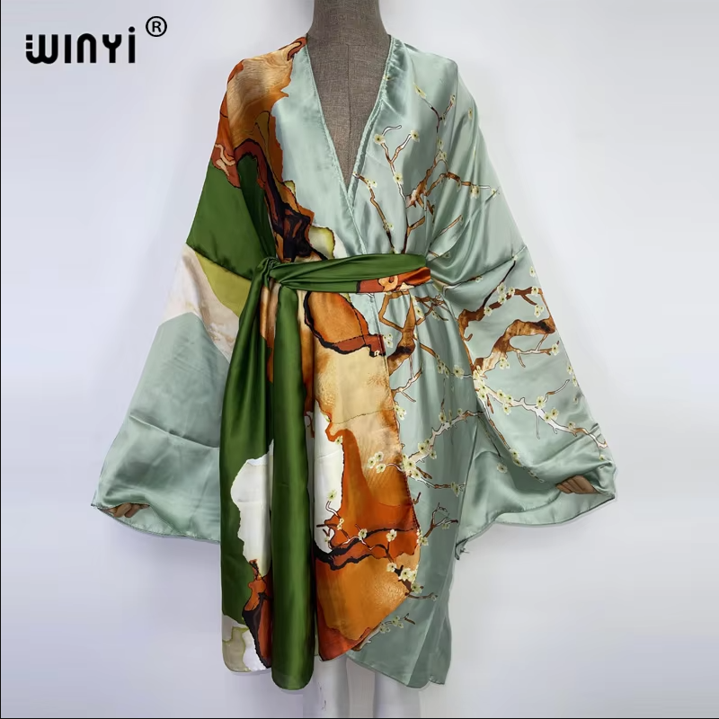 WINYI Kimono de défilé pour femme, imprimé, à ourlet bouffant, manteau, cardigan à manches longues, abaya, vêtement de plage de luxe de Dubaï, robe bohème, caftan