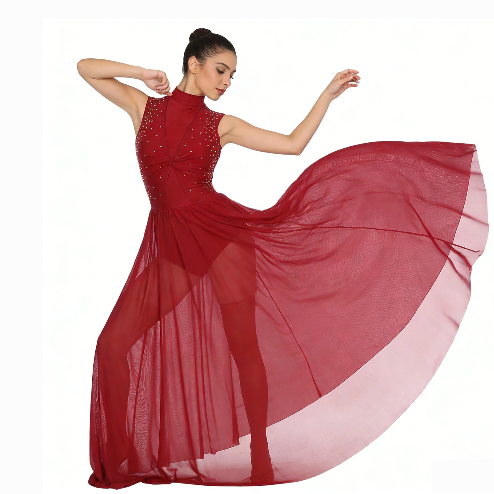 Robe de danse lyrique pour femmes, avec superposition en maille transparente torsadée et strass, idéale pour la gymnastique, le patinage artistique et la danse contemporaine